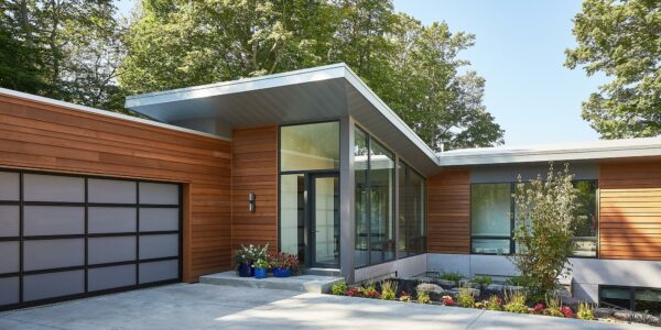 Front custom paneling on this modern Michigan home.