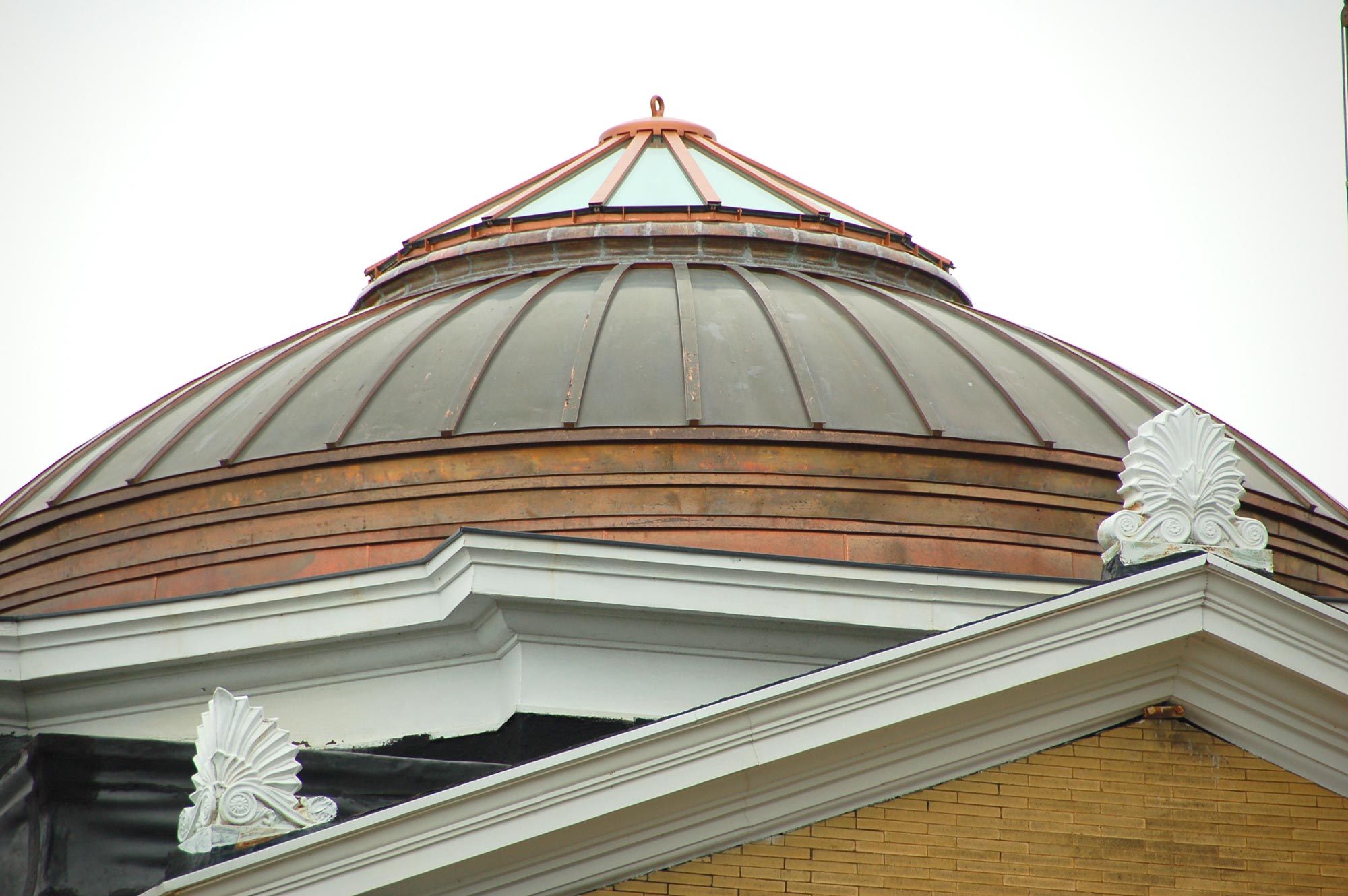 A close-up of the copper dome on Wexford County Historical Society Carnegie Library Museum