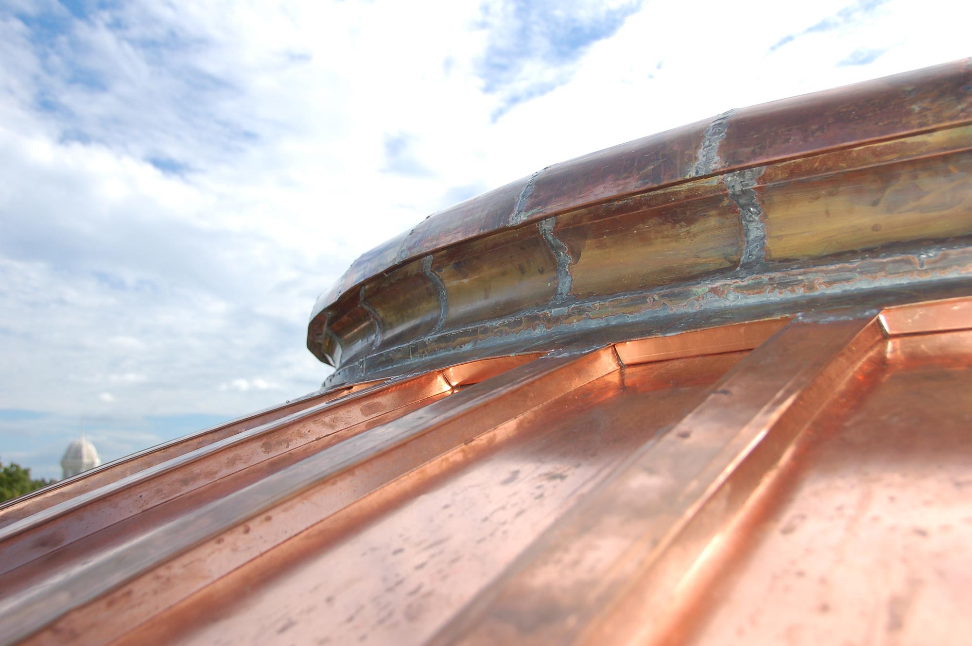 A close-up of the copper dome on Wexford County Historical Society Carnegie Library Museum