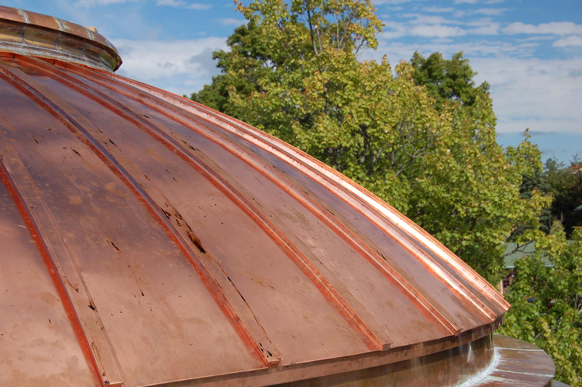 A close-up of the copper dome on Wexford County Historical Society Carnegie Library Museum